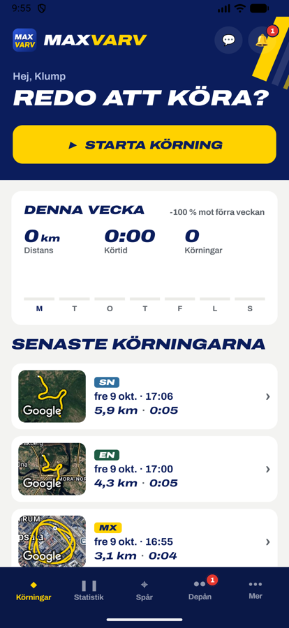 Maxvarv-appen: startsidan med veckans körningar